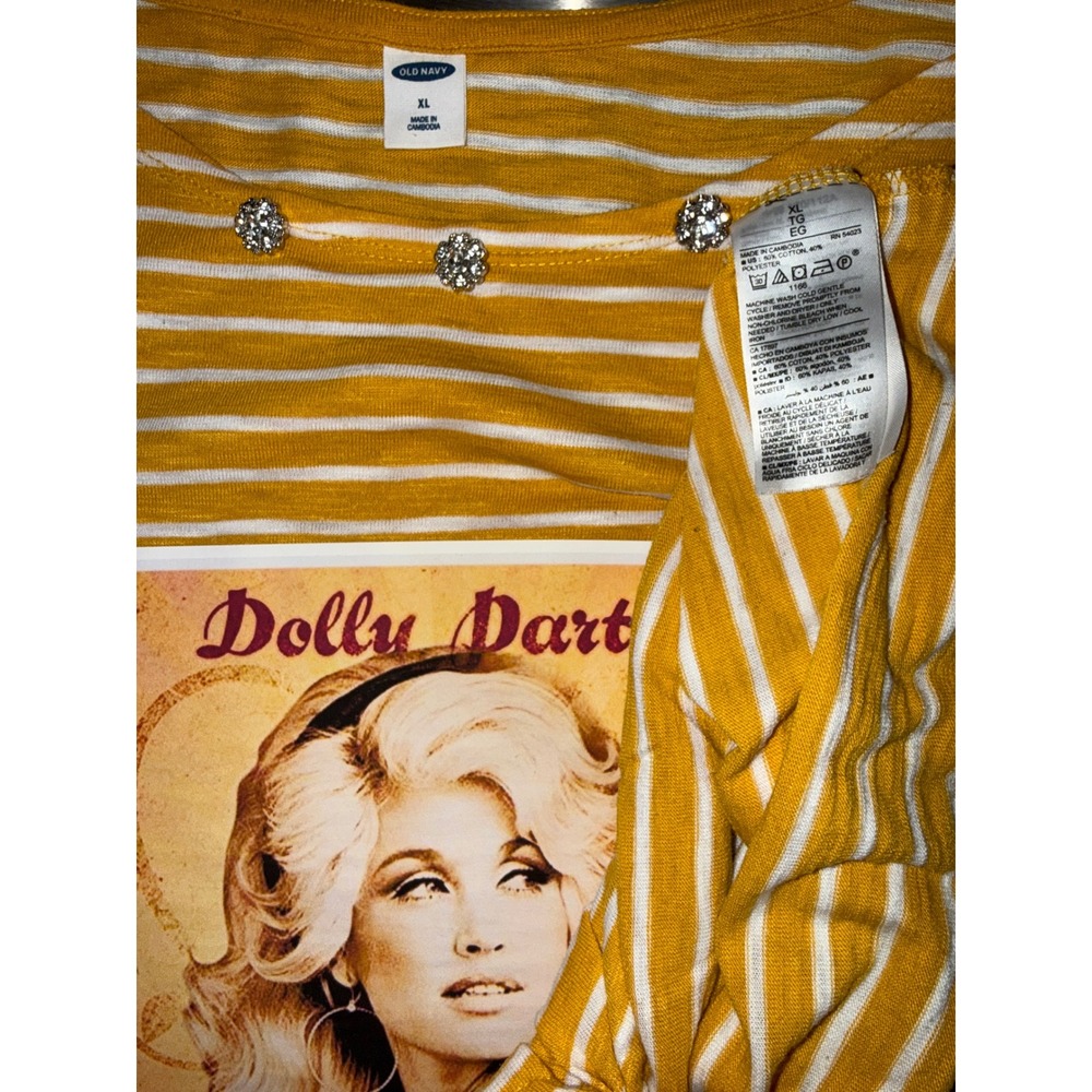 Upcycled Dolly Parton Yellow/White Striped Tie Front XL - Picture 6 of 6